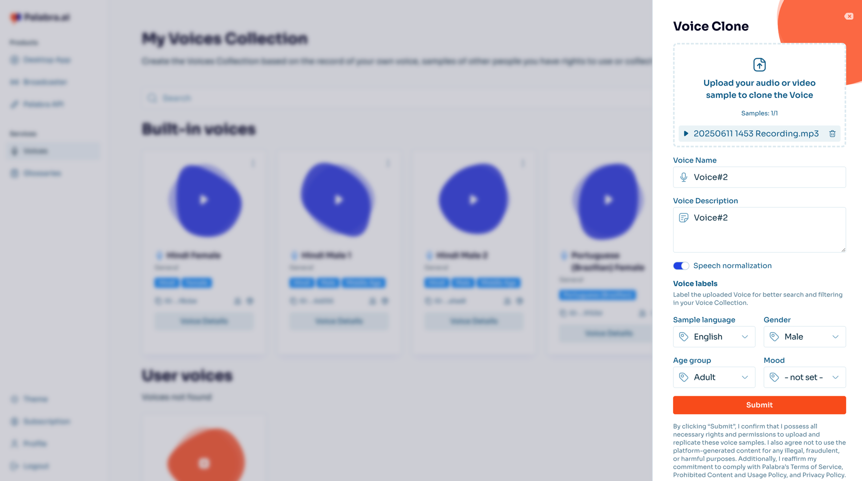 Voice cloning interface